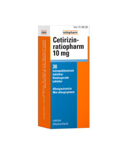 CETIRIZIN-RATIOPHARM 10 mg tabl, kalvopääll 30 fol